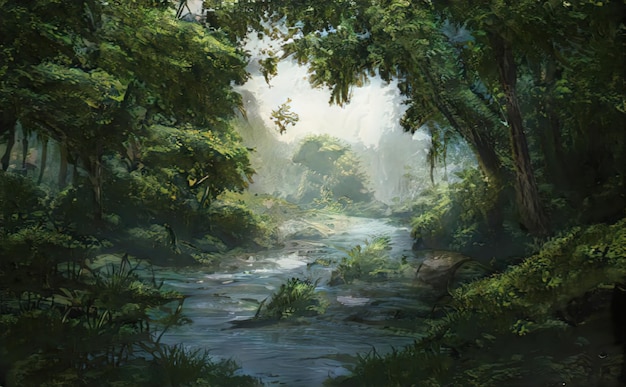 beautiful magical forest fabulous trees forest landscape sun rays illuminate the leaves and branches of trees magical summer forest illustration