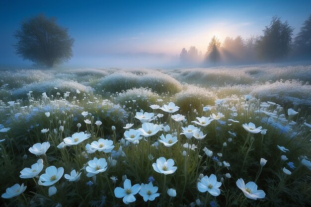 Beautiful magical meadow of glowing white flowers in blue light and fog