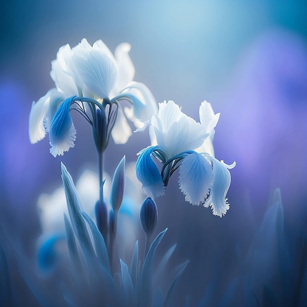 Beautiful magical meadow of glowing white flowers in blue light and fog