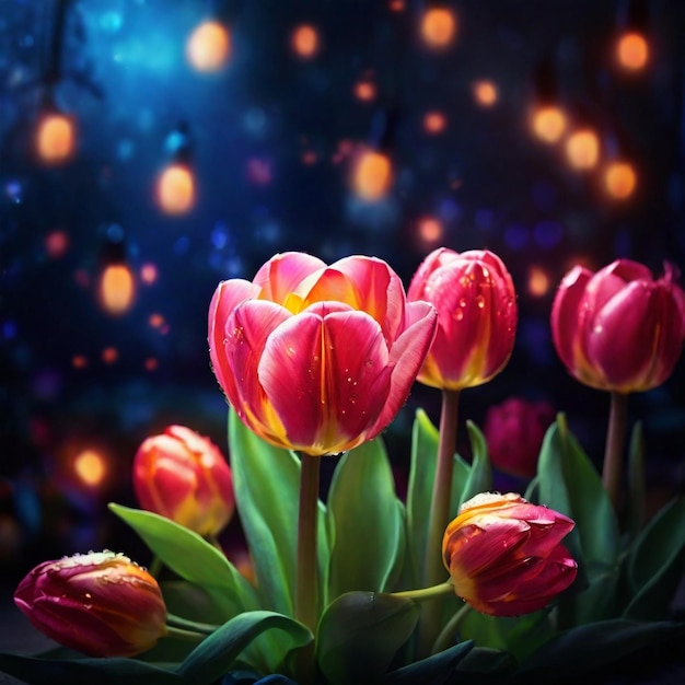 Красивый волшебный цветок тюльпанов с волшебными огнями на заднем плане