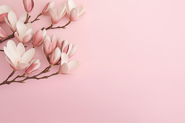 Красивые цветы магнолии, изолированные на розовом фоне, нежный дизайн с весенней тематикой.