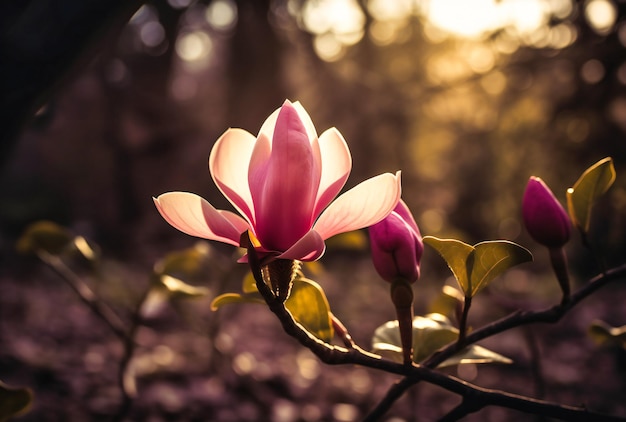 A beautiful magnolia tree flower bursting into new leaves