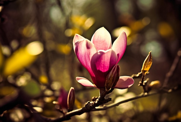 A beautiful magnolia tree flower bursting into new leaves