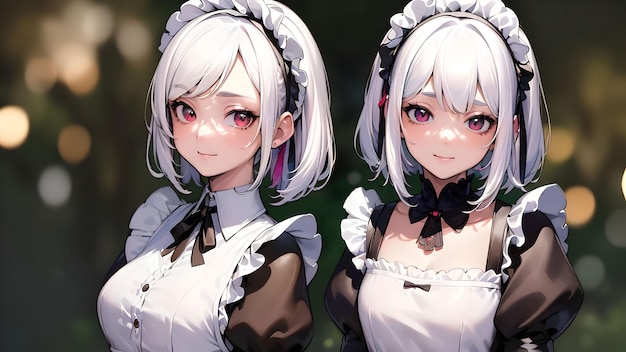 Beautiful maid girl white hair anime art for wallpaper