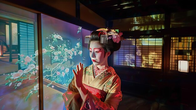 Photo a beautiful maiko girl is standing in a traditional japanese room she is wearing a kimono and has her hair done in a traditional style