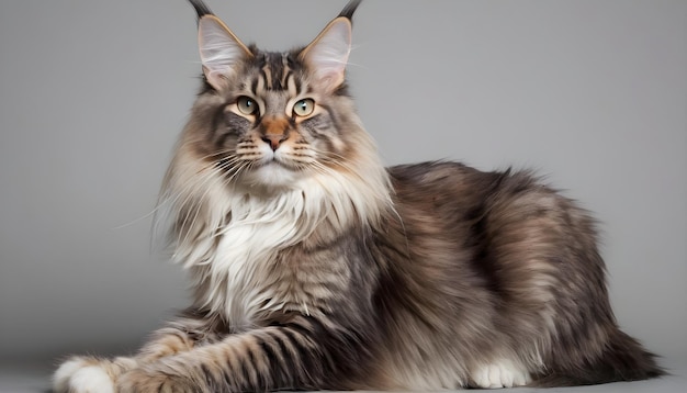 아름다운 메인  고양이 전체 높이 고양이 품종 회색 배경