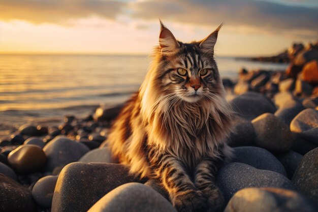 夕暮れ時の海岸に美しいメインクーン猫