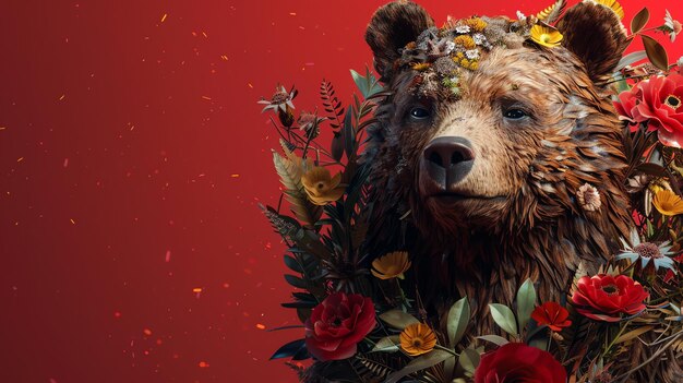 Photo a beautiful and majestic bear with a wreath of flowers around its neck