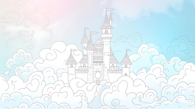 Photo a beautiful majestic castle floats among soft clouds in the sky the castle is detailed with turrets flags and a grand entrance