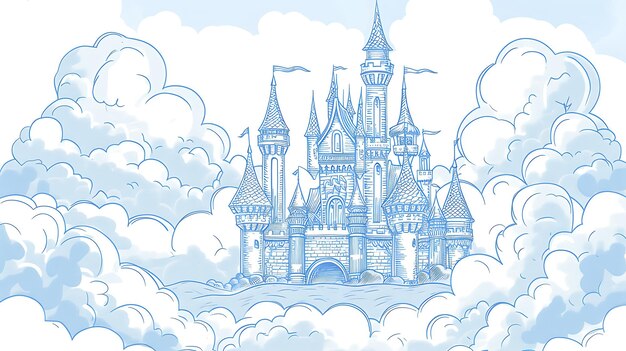 A beautiful majestic castle floats among the clouds The castle is surrounded by soft fluffy clouds and has a whimsical fairytale feel