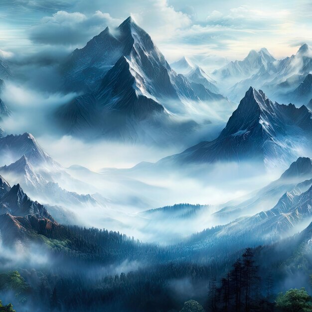美しい壮大な霧の山々 風景芸術絵画