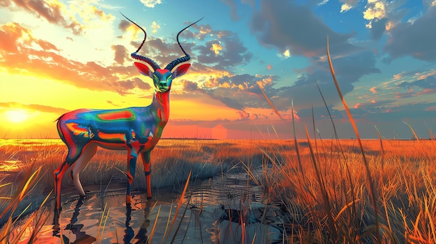 Photo a beautiful and majestic multicolored antelope stands tall in the middle of a vast grassy plain during a vibrant sunset