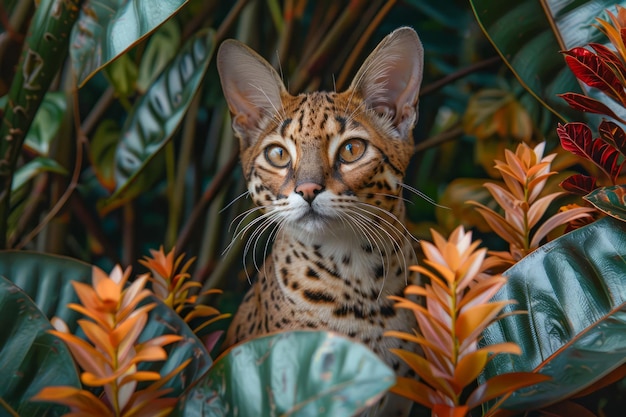 Beautiful Majestic Savannah Cat Piercing Gaze Amidst Lush Green Foliage and Vibrant Tropical Plants