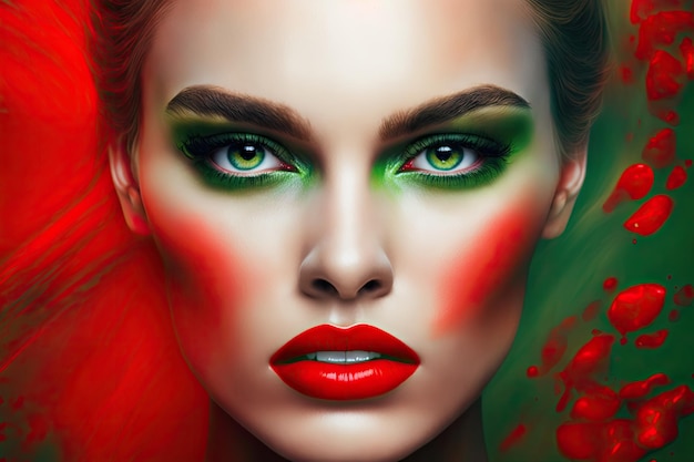 Beautiful makeup with red female lips and green eyeshadow created with generative ai