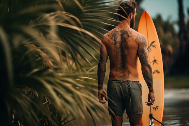 写真 砂浜でサーフボードを持った美しい男性サーファー 水上スポーツ 健康的なアクティブなライフスタイル