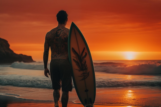 Bellissimo surfista con la tavola di surf sulla spiaggia sabbiosa sport acquatici stile di vita attivo e sano