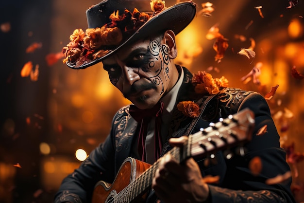 Beautiful man dancing mexican for the Day of the Dead Perfect beautiful dia de muertos background Created with generative AI