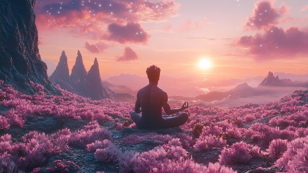 beautiful man meditating in front of a painting of a starry sky and clouds background