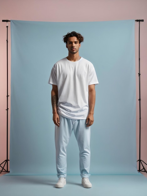 a beautiful man posing for a photo in a studio wearing a plain white oversize tshirt