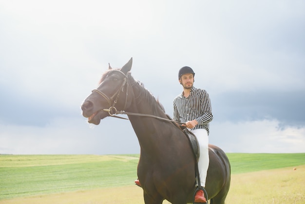 Beautiful man riding a horse on field at summer