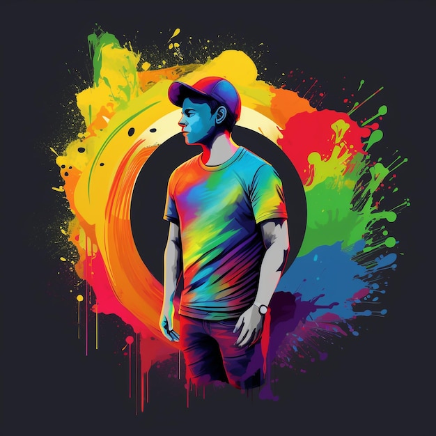 beautiful man with explosion of rainbow colors tshirt design