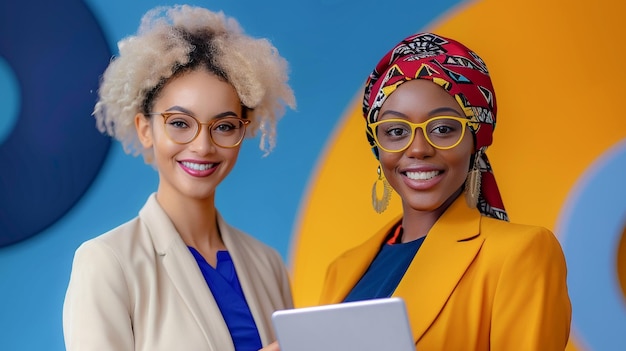 Beautiful managers from different cultures holding tablet for digital marketing concept