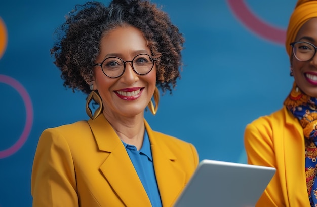 Beautiful managers from different cultures holding tablet for digital marketing concept