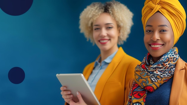 Beautiful managers from different cultures holding tablet for digital marketing concept