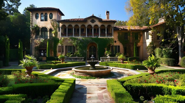 Photo a beautiful mansion with a red tile roof and a large fountain in the front yard