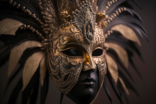 a beautiful mask of black and gold color with beautiful feathers, creative ai