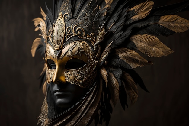 a beautiful mask of black and gold color with beautiful feathers, creative ai