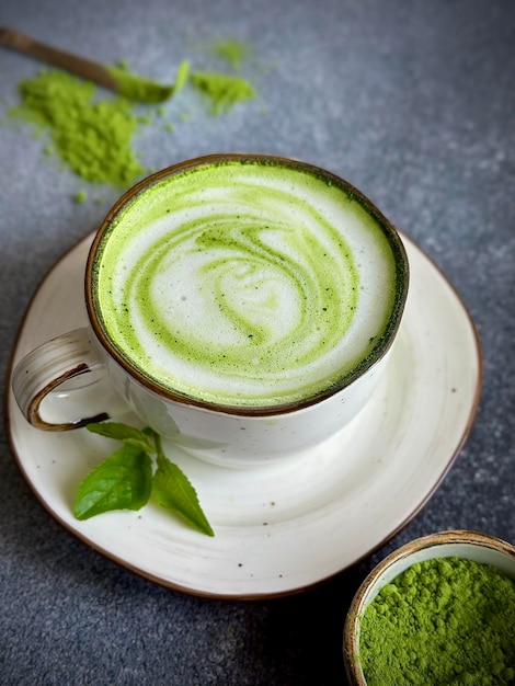 Beautiful matcha latte cup with a leaf of green tea on a dark background top view place for text