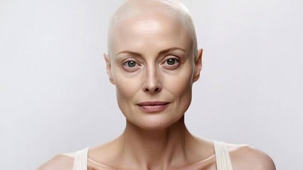 Beautiful mature bald woman on a light background with copyspace High quality photo