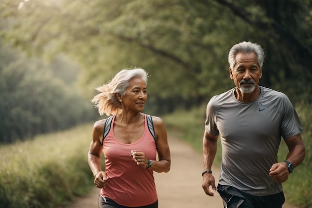 Beautiful mature couple jogging in nature living healthy ar c