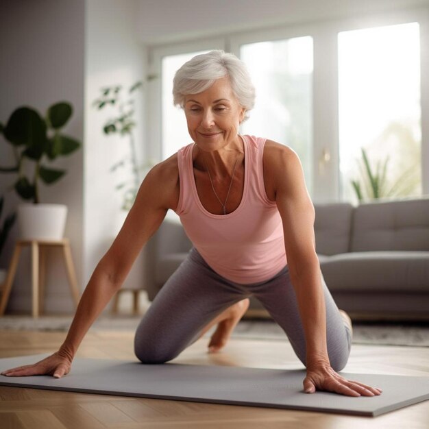 Photo beautiful mature lady in sportswear doing morning yoga making bird dog pose