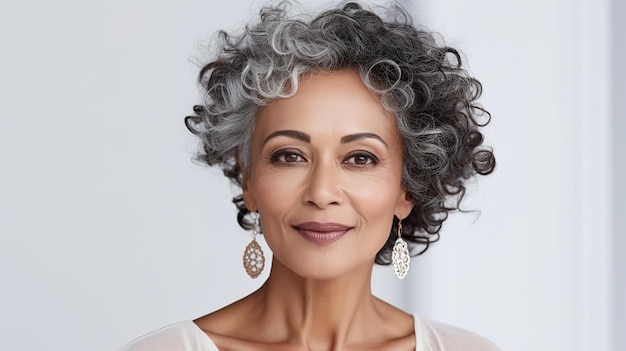 Photo beautiful mature wellgroomed indian woman on a gray background with copyspace
