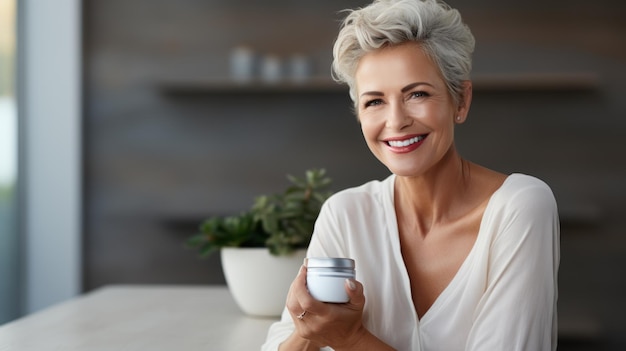 Beautiful mature woman holding jar of cream looking at camera and smiling Generative AI