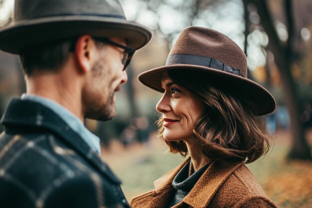 Beautiful mature woman looking at husband with love while they standing outside