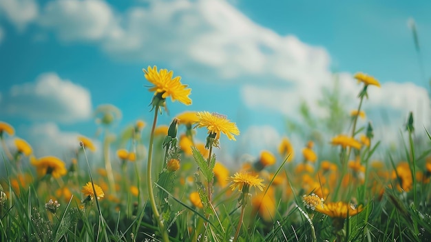 Красивое луговое поле с свежей травой и желтыми цветами одуванчика в природе на фоне размытого голубого неба с облаками Летняя весна идеальный природный пейзаж