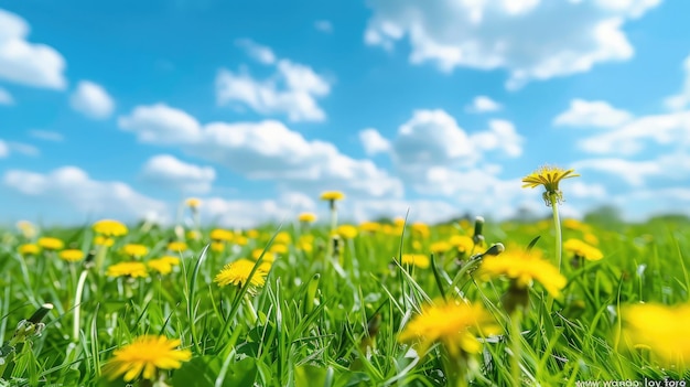 Красивое луговое поле с свежей травой и желтыми цветами одуванчика в природе на фоне размытого голубого неба с облаками Летняя весна идеальный природный пейзаж