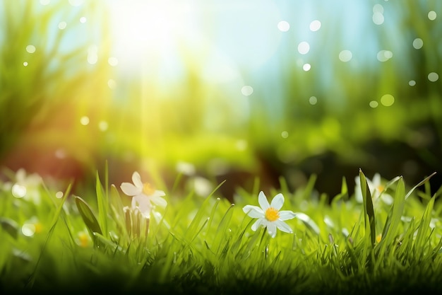 Beautiful meadow field with fresh grass and yellow dandelion flowers in nature against a blurry blue sky with clouds summer spring perfect natural landscapegenerative ai