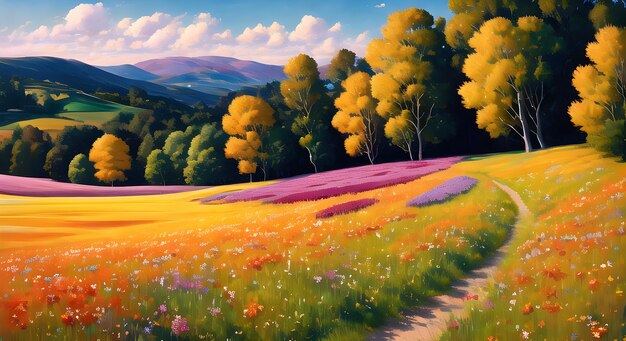 Beautiful meadow field with fresh grass and yellow dandelion flowers in nature blue sky AI Generated for children book stories fairytales
