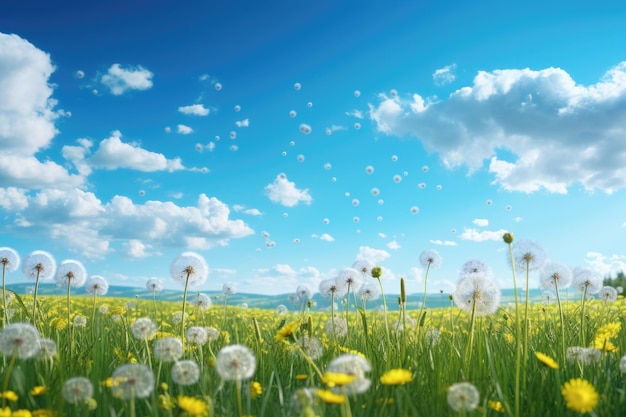 Beautiful meadow field with fresh grass and yellow dandelion flowers