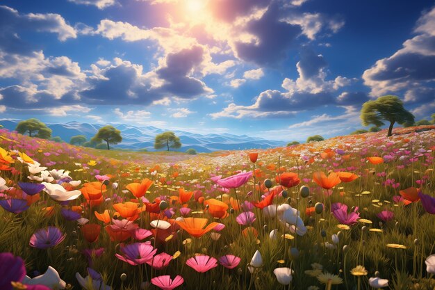 写真 春の花に満ちた美しい草原 山の風景