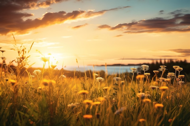 Beautiful meadow with flowers at sunset Nature background