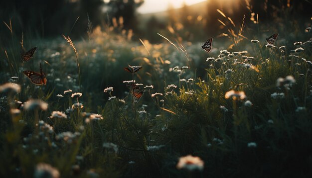 Beautiful meadow with vibrant wildflowers butterflies dancing in the sunlight generated by artificial intelligence