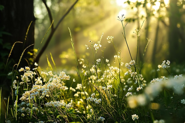 Beautiful meadow with white flowers in the rays of the sun
