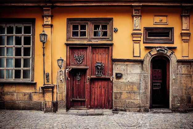 Beautiful medieval door with wrought iron decor in stone yellow house