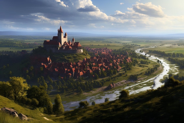 Красивый средневековый фантастический пейзаж с городом