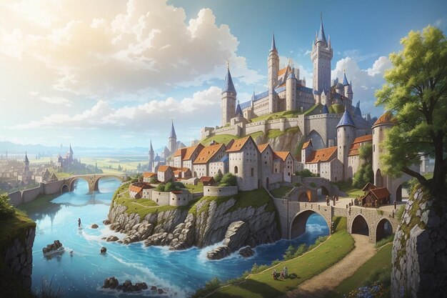 Beautiful medieval fantasy landscape with city